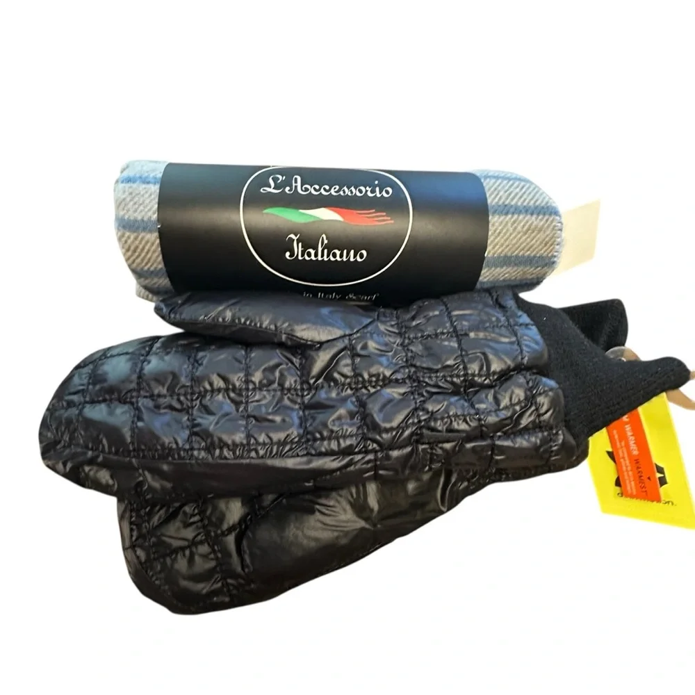 Black Quilted Mittens with Blue Striped Scarf